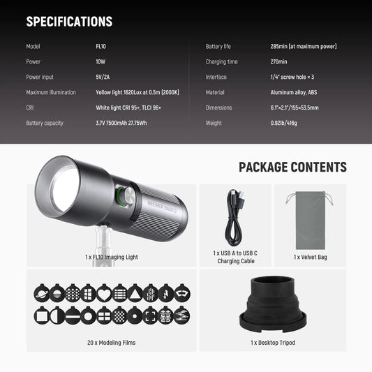 NEEWER BASICS FL10 LED Photography Flashlight with 4 Colors/20 Gobo Filters/7500mAh, 10W Portable LED Video Spotlight