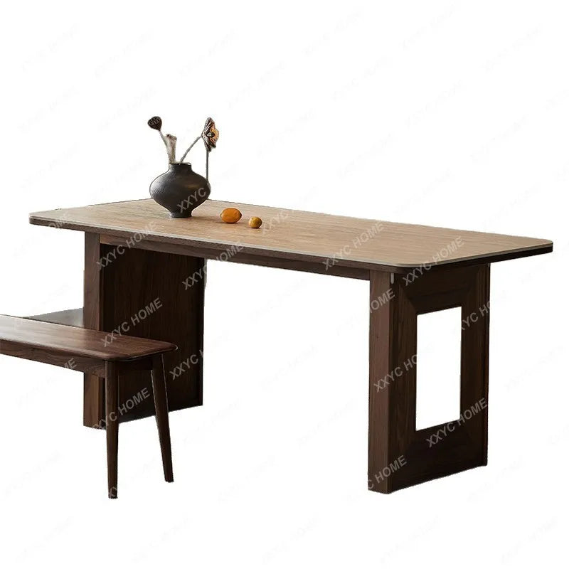 JRetro style Roman travertine rock slab dining table black walnut solid wood medium ancient style wood grain table