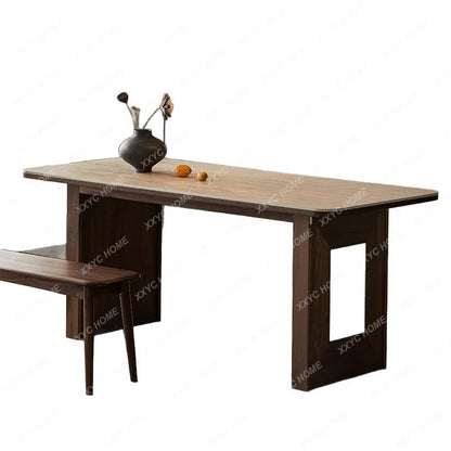 JRetro style Roman travertine rock slab dining table black walnut solid wood medium ancient style wood grain table