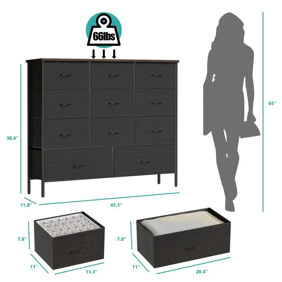 Wide Fabric Dresser for Bedroom, Chest of Drawers with 11 Deep Drawers, MultiDrawers TV Stand TV Console, Storage Organizer for