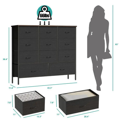 Wide Fabric Dresser for Bedroom, Chest of Drawers with 11 Deep Drawers, MultiDrawers TV Stand TV Console, Storage Organizer for