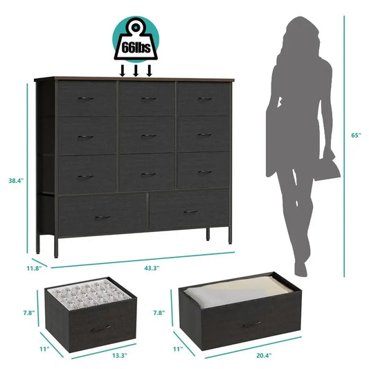 Wide Fabric Dresser for Bedroom, Chest of Drawers with 11 Deep Drawers, MultiDrawers TV Stand TV Console, Storage Organizer for