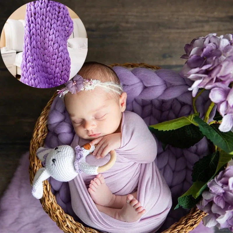 Newborn Photography Props Merino Wool Knitted Braid Blanket for Baby Photo Shoot Background Basket Stuffer Bump Wrap 50x50CM