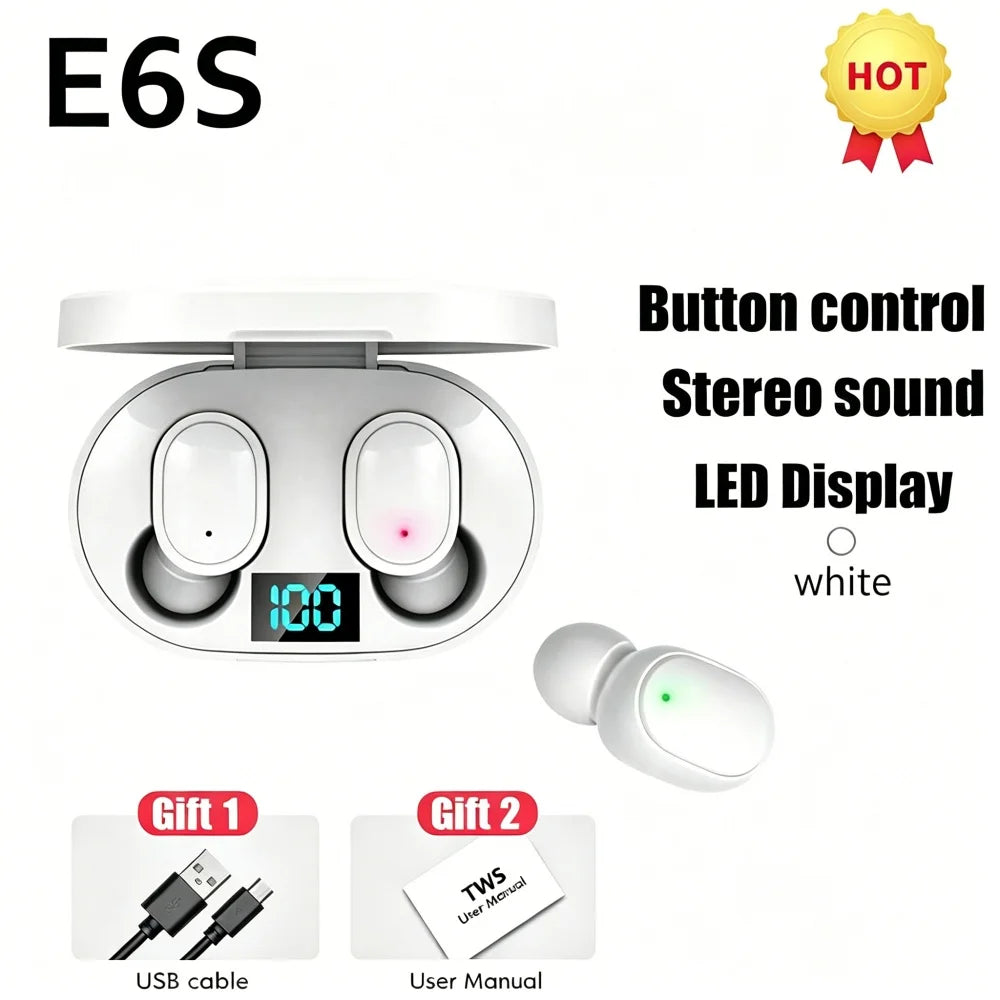E6S TWS Bluetooth Earbuds with Digital Display Case — Wireless Earphones with Mic