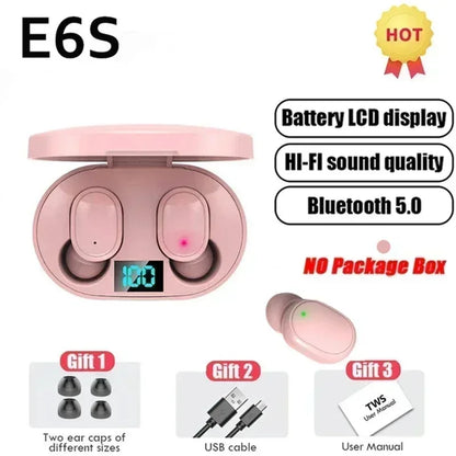 E6S TWS Bluetooth Earbuds with Digital Display Case — Wireless Earphones with Mic