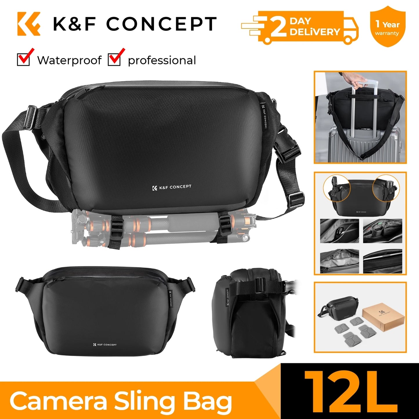 K&F CONCEPT 12L/10L Camera Sling Bag Waterproof Travel Photography Shoulder Bag For Canon Sony DSLR Camera Case Tripod Holder