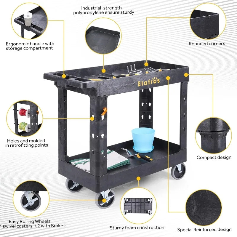 Heavy Duty Plastic Utility Cart 34 X 17 Inch - Work Cart Tub Storage W/Deep Shelves And Full Swivel Wheels Safely Holds