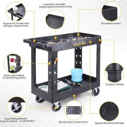 Heavy Duty Plastic Utility Cart 34 X 17 Inch - Work Cart Tub Storage W/Deep Shelves And Full Swivel Wheels Safely Holds