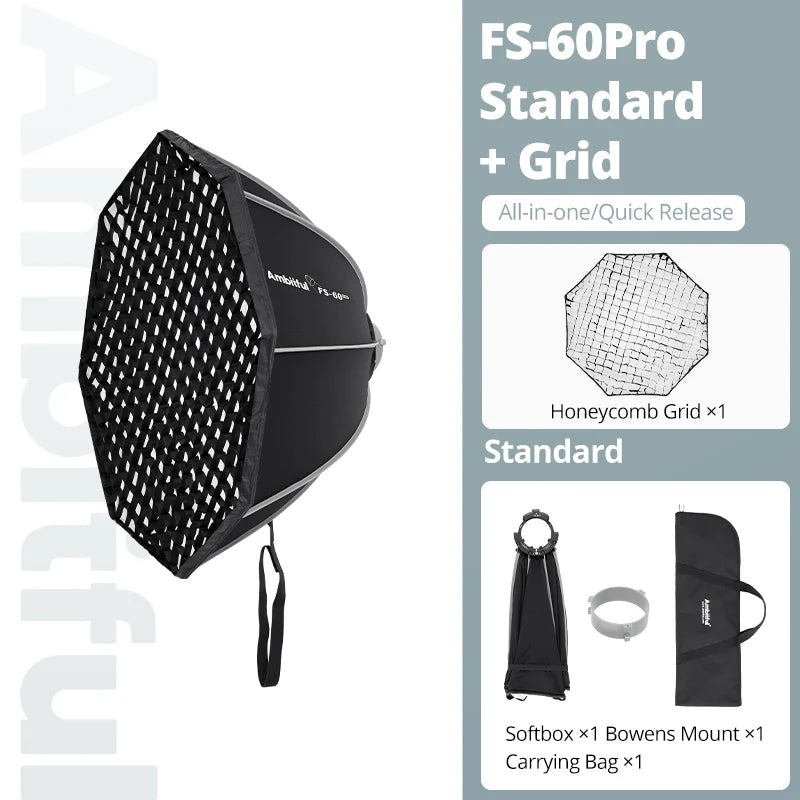 AMBITFUL FS40Pro FS60Pro Quick-Install Bowens Mount Softbox Studio LED COB Light Octagonal Light Box Matt Box