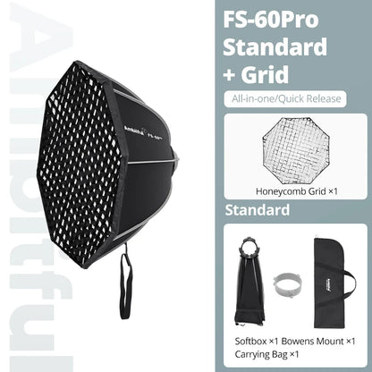 AMBITFUL FS40Pro FS60Pro Quick-Install Bowens Mount Softbox Studio LED COB Light Octagonal Light Box Matt Box