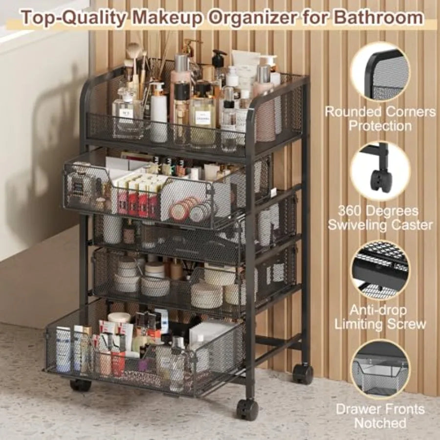 Makeup Cart Organizer with 4 Drawers Vanity Storage Organizer for Large Floor Skincare Organizers Cosmetics Display Cases to Ke