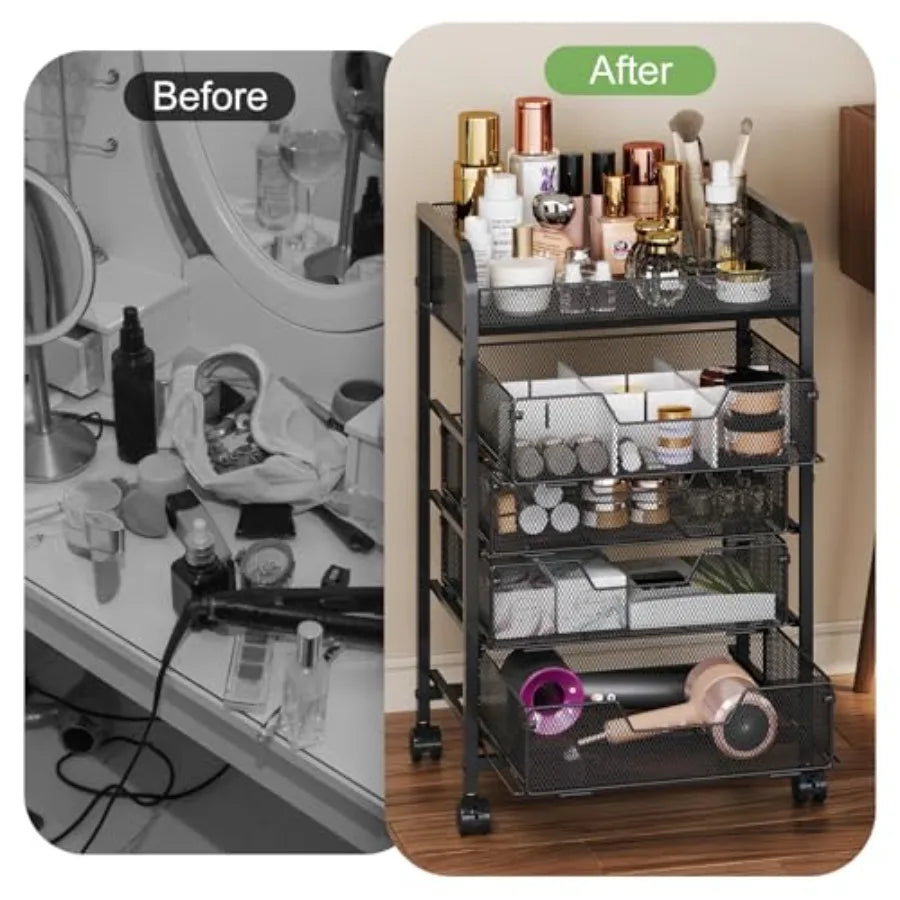 Makeup Cart Organizer with 4 Drawers Vanity Storage Organizer for Large Floor Skincare Organizers Cosmetics Display Cases to Ke