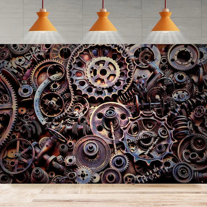 Retro Photography Backdrop Mechanical Metal Rusted Gear Industrial Background Rusty Steam Machine Party Backdrop Wall Banner