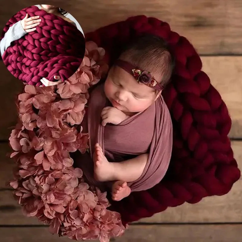Newborn Photography Props Merino Wool Knitted Braid Blanket for Baby Photo Shoot Background Basket Stuffer Bump Wrap 50x50CM