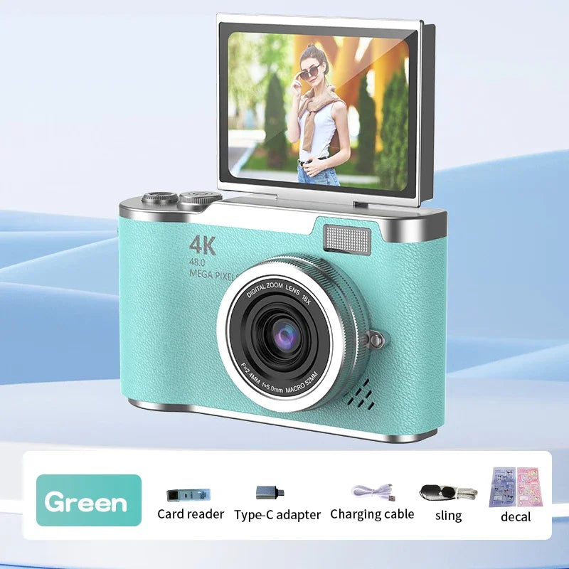 4K Digital Camera 48MP Compact Small Camera 8X Zoom Video Camcorder 180 Flip Screen Video Recorder for Teens Adult Beginner