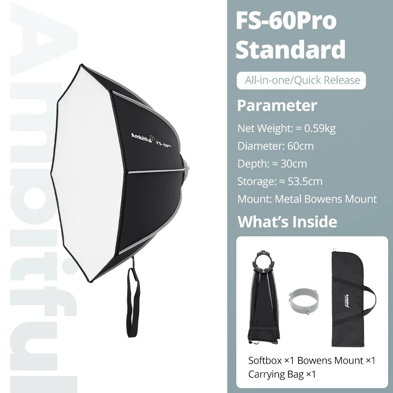 AMBITFUL FS40Pro FS60Pro Quick-Install Bowens Mount Softbox Studio LED COB Light Octagonal Light Box Matt Box