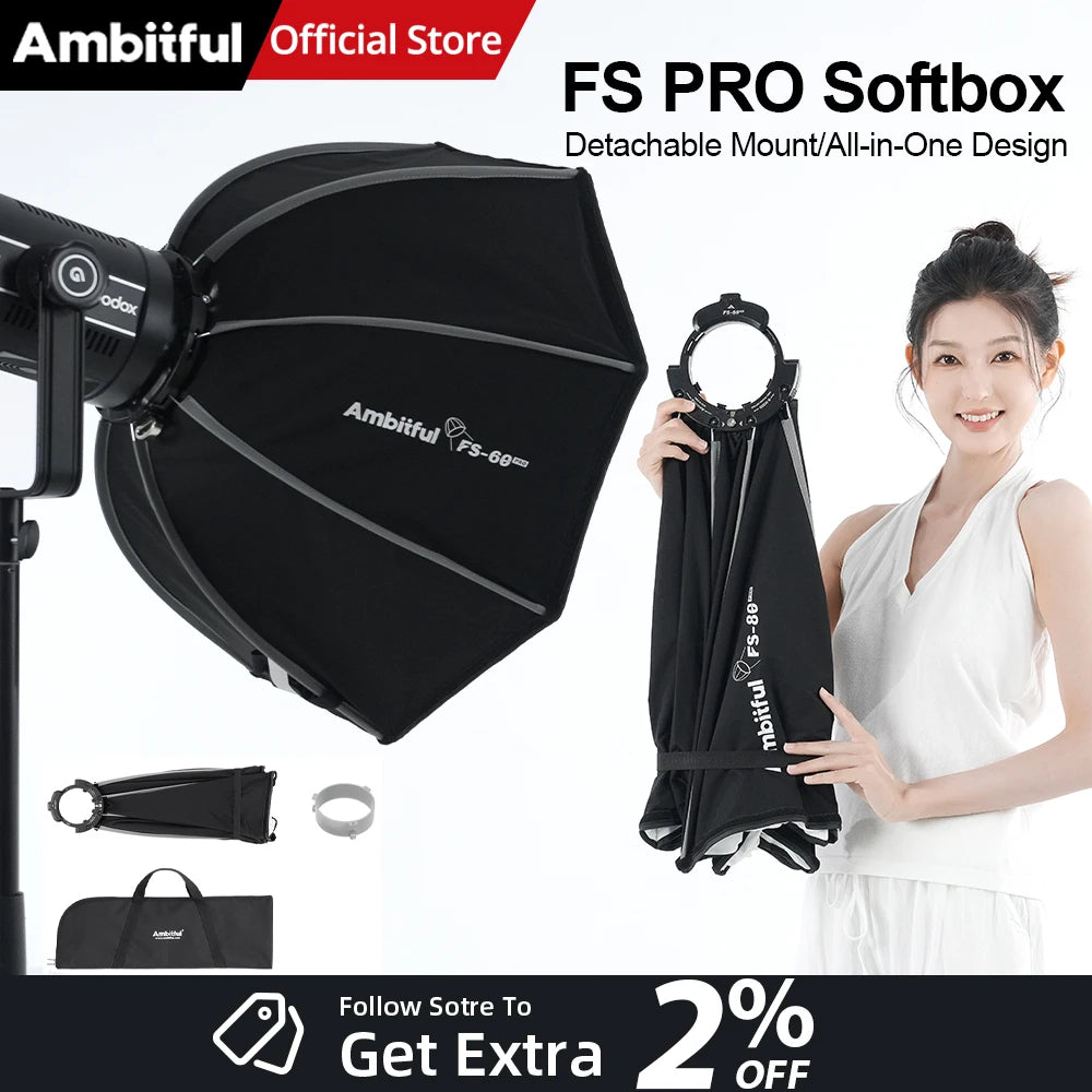 AMBITFUL FS40Pro FS60Pro Quick-Install Bowens Mount Softbox Studio LED COB Light Octagonal Light Box Matt Box