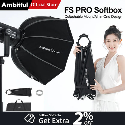 AMBITFUL FS40Pro FS60Pro Quick-Install Bowens Mount Softbox Studio LED COB Light Octagonal Light Box Matt Box