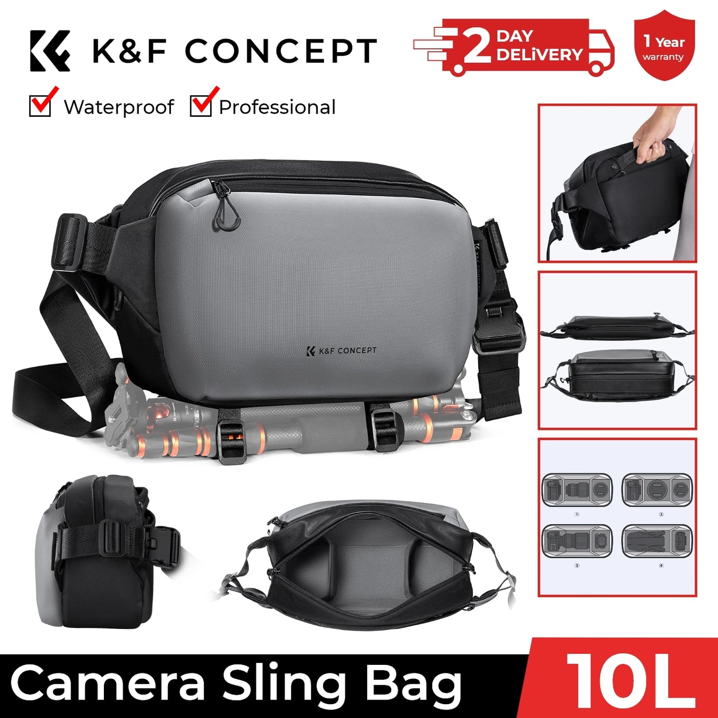 K&F CONCEPT 12L/10L Camera Sling Bag Waterproof Travel Photography Shoulder Bag For Canon Sony DSLR Camera Case Tripod Holder