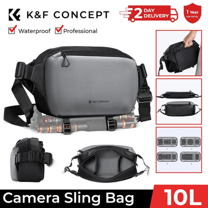 K&F CONCEPT 12L/10L Camera Sling Bag Waterproof Travel Photography Shoulder Bag For Canon Sony DSLR Camera Case Tripod Holder