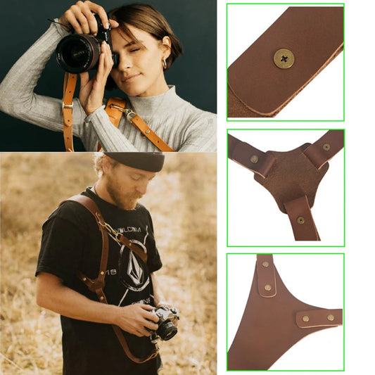 B02B-Camera Strap Leather Double Shoulder Leather Harness Strap Photography Gear for DSLR/SLR Camera (Brown)