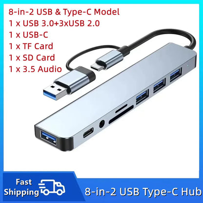 8-in-2 USB-C Hub — USB 3.0, SD/TF Card Reader & Audio Jack for MacBook & Laptop