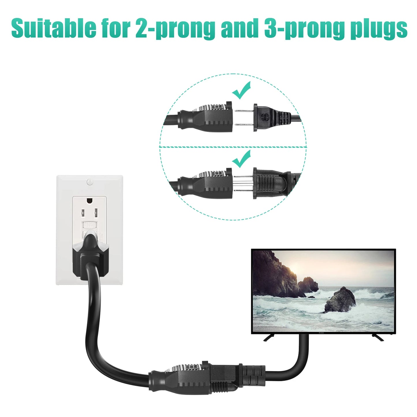 2 Pack Extension Cord, Right Angle Plug 1 Foot 18 Gauge Heavy Duty, 3 Prong Short Flat Plug Extension Cords Weatherproof