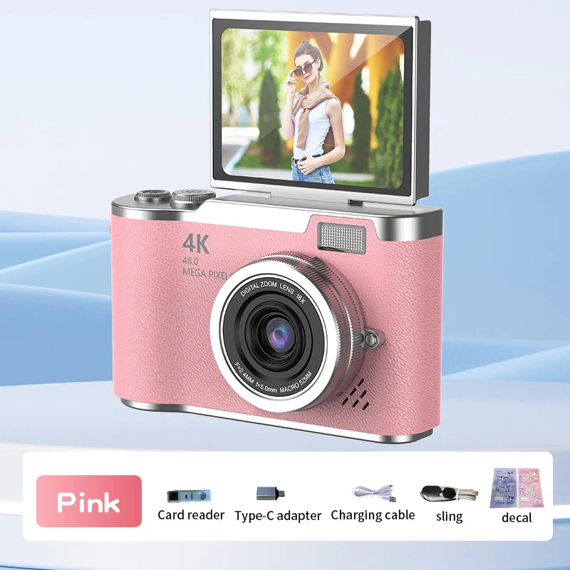 4K Digital Camera 48MP Compact Small Camera 8X Zoom Video Camcorder 180 Flip Screen Video Recorder for Teens Adult Beginner