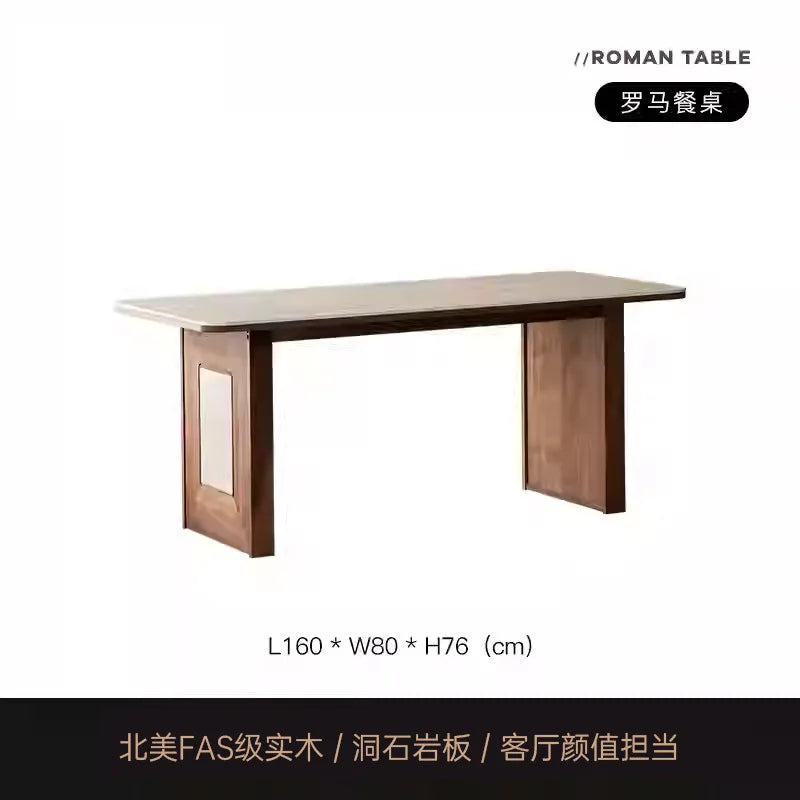 JRetro style Roman travertine rock slab dining table black walnut solid wood medium ancient style wood grain table