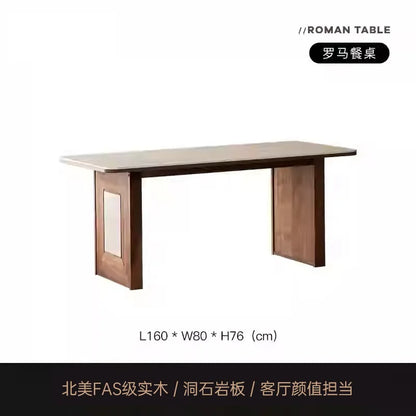 JRetro style Roman travertine rock slab dining table black walnut solid wood medium ancient style wood grain table