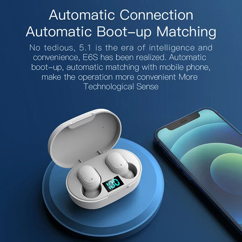 E6S TWS Bluetooth Earbuds with Digital Display Case — Wireless Earphones with Mic