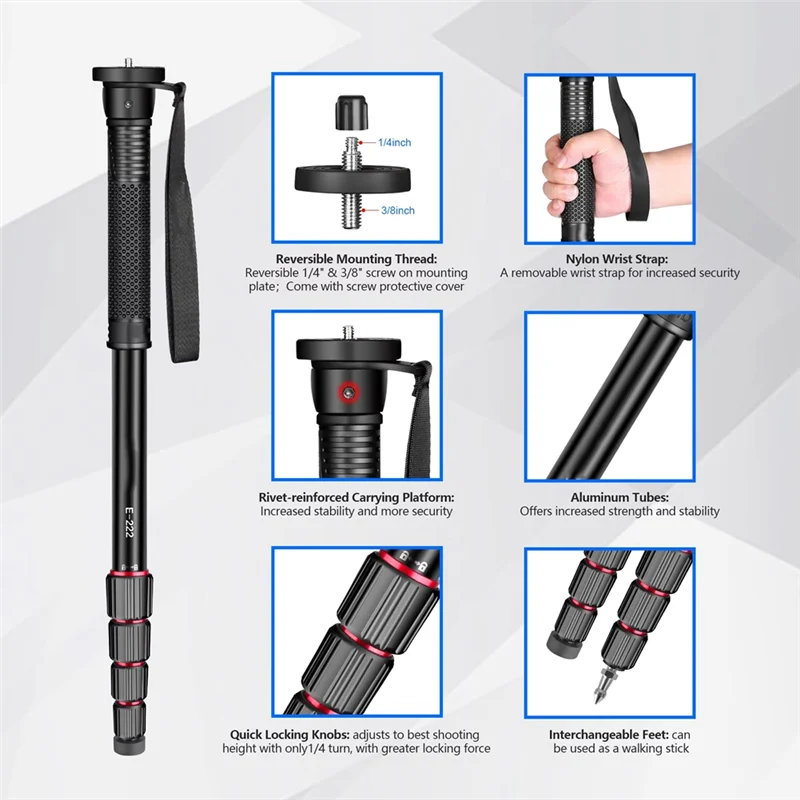 ABAC-Aluminium E222 Camera Monopod Mount Adapter Photography Walking Stick Lightweight For Canon Sony Video Camera