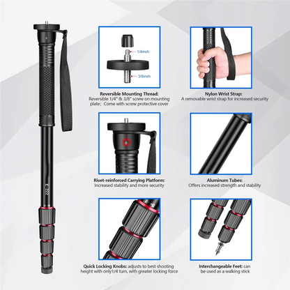 ABAC-Aluminium E222 Camera Monopod Mount Adapter Photography Walking Stick Lightweight For Canon Sony Video Camera