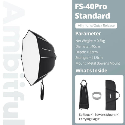 AMBITFUL FS40Pro FS60Pro Quick-Install Bowens Mount Softbox Studio LED COB Light Octagonal Light Box Matt Box