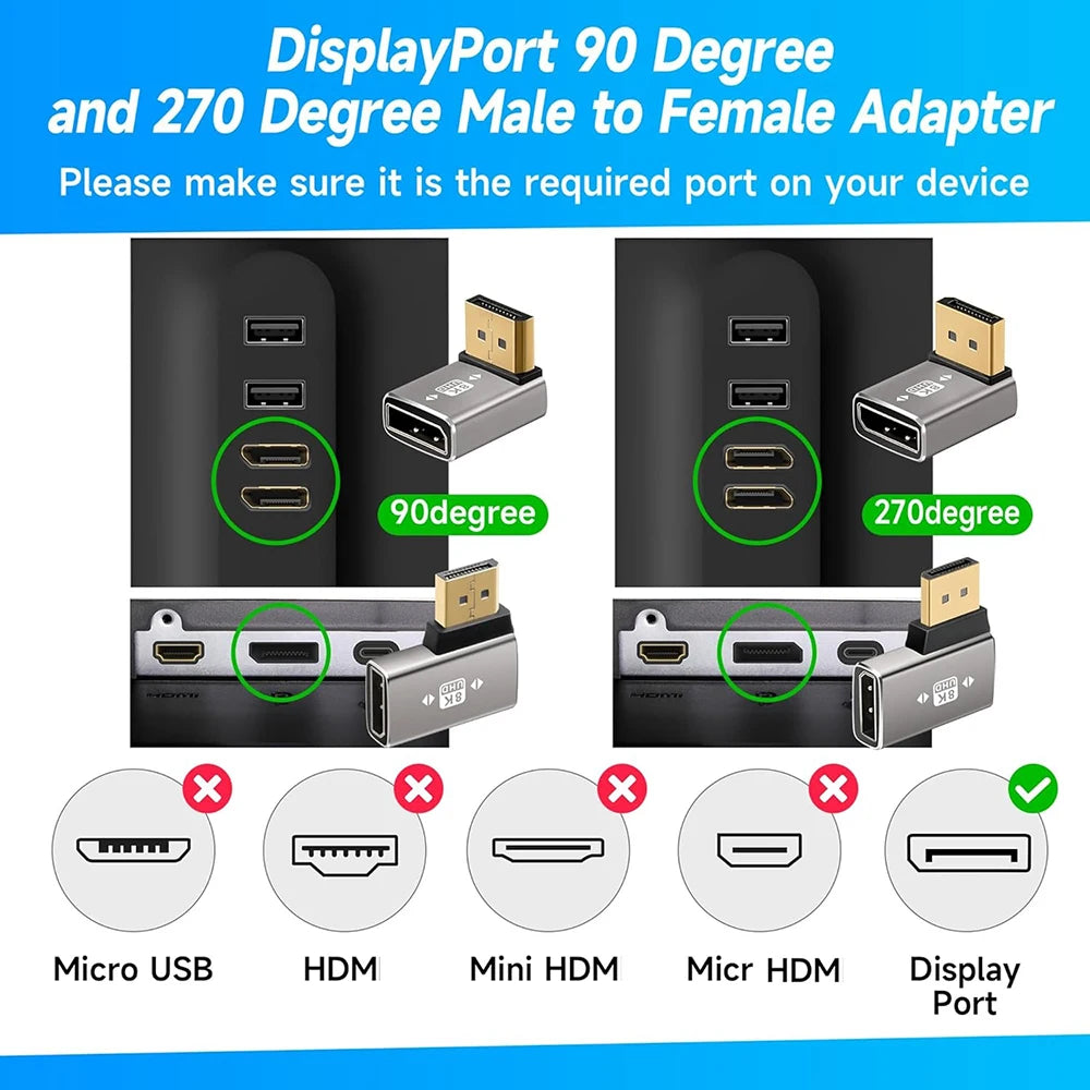 90 Degree DisplayPort1.4 Adapter Support 8K@60Hz 4K@144Hz HDR Video Alloy Shell DP Cable Extender for Desktop Computer Monitor
