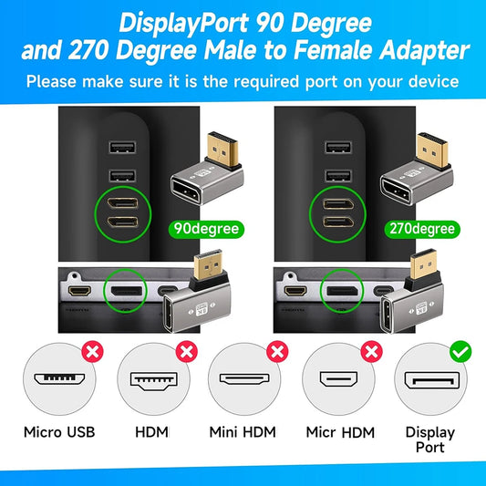 90 Degree DisplayPort1.4 Adapter Support 8K@60Hz 4K@144Hz HDR Video Alloy Shell DP Cable Extender for Desktop Computer Monitor