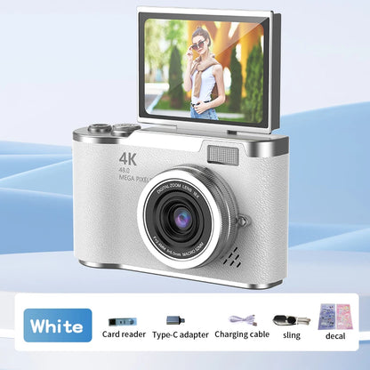 4K Digital Camera 48MP Compact Small Camera 8X Zoom Video Camcorder 180 Flip Screen Video Recorder for Teens Adult Beginner
