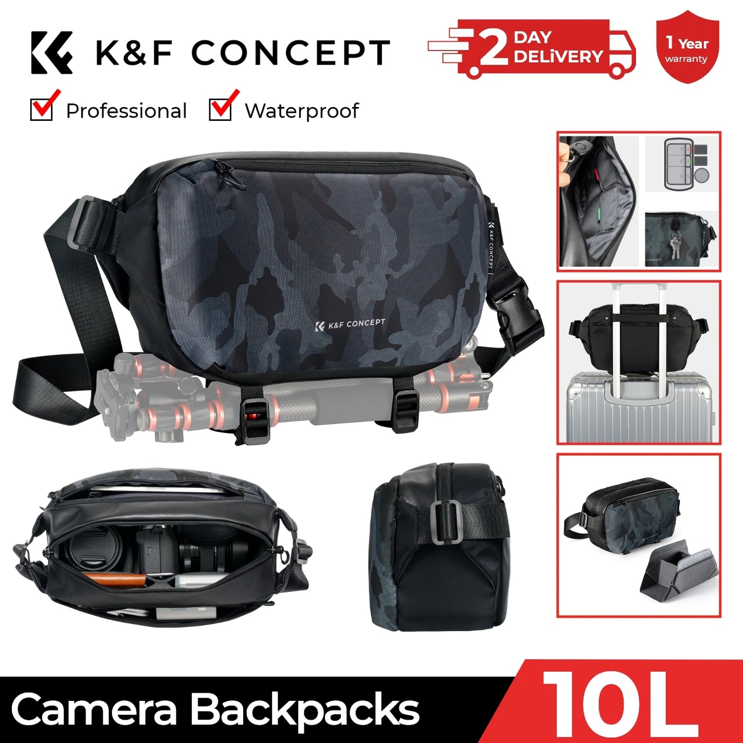K&F CONCEPT 12L/10L Camera Sling Bag Waterproof Travel Photography Shoulder Bag For Canon Sony DSLR Camera Case Tripod Holder