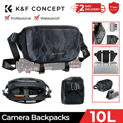 K&F CONCEPT 12L/10L Camera Sling Bag Waterproof Travel Photography Shoulder Bag For Canon Sony DSLR Camera Case Tripod Holder