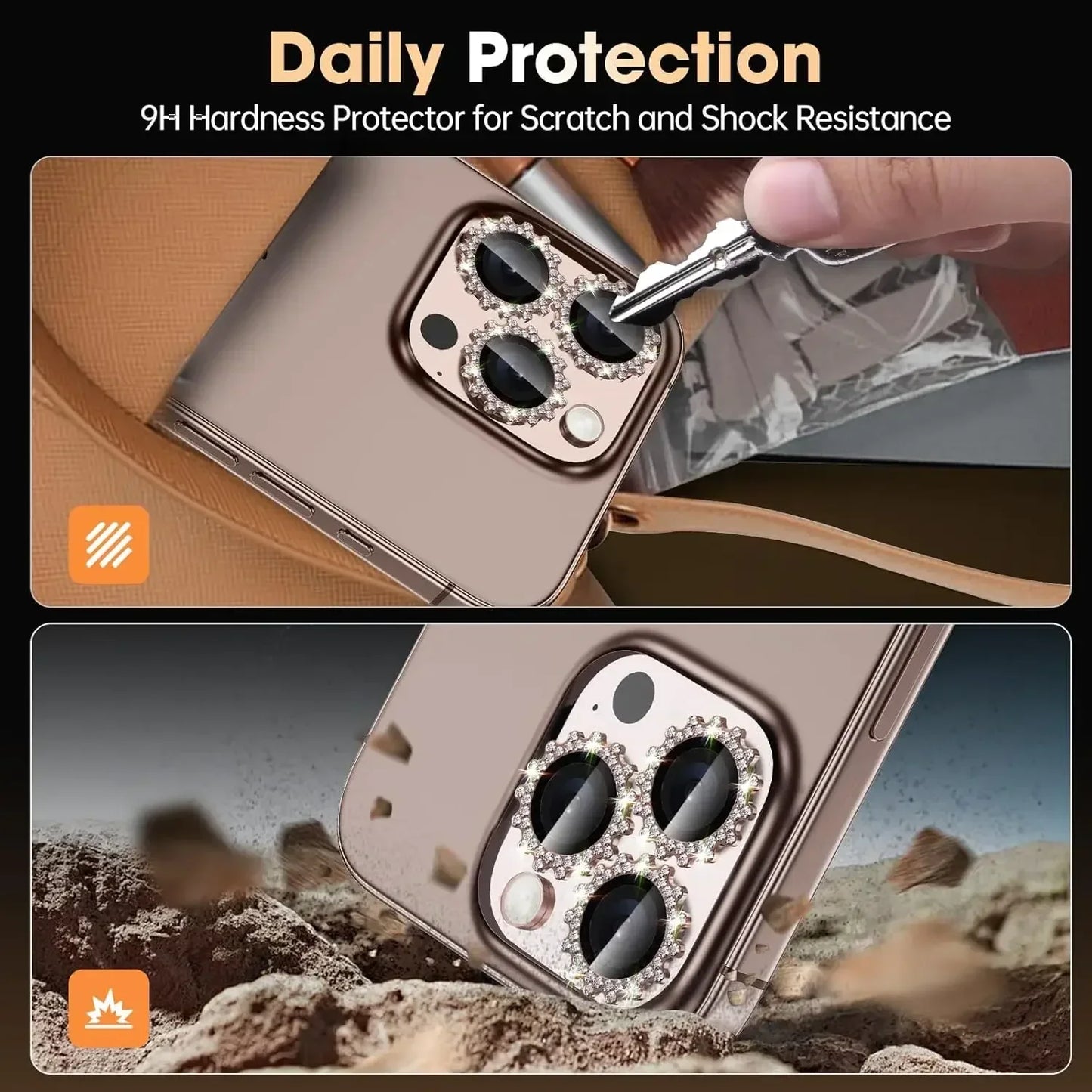 Bling 3D Metal Gear Design Diamond Camera Lens Glass Protector For IPhone 16 Pro Max 15Pro 16Plus Mechanical Case Friendly Rings