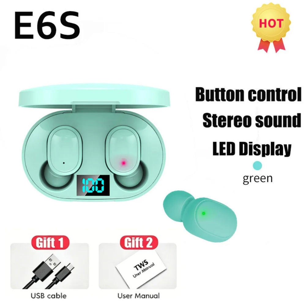 E6S TWS Bluetooth Earbuds with Digital Display Case — Wireless Earphones with Mic