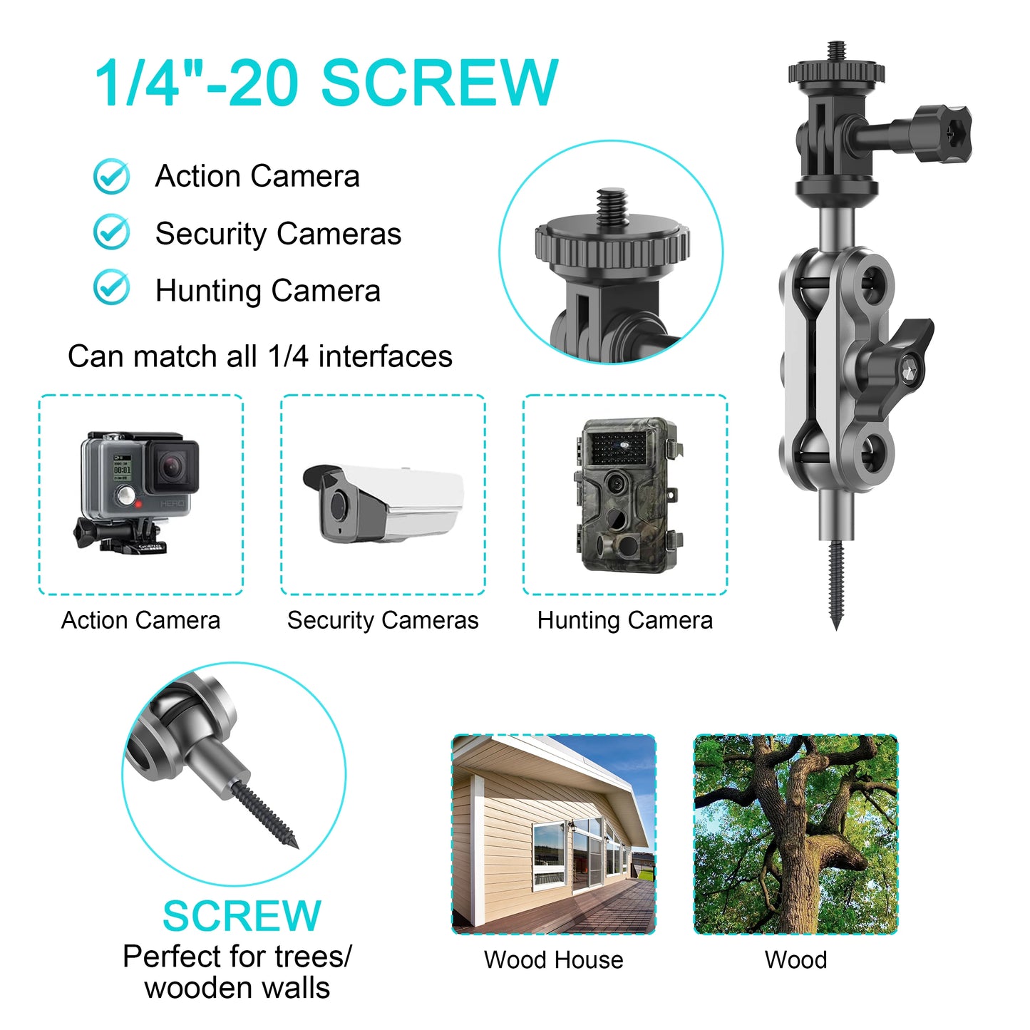 Trail Cameras Mounting Bracket with 1/4" Threaded Insert 360°Rotating Adjustable Holder for Outdoor Hunting Gear Accessory