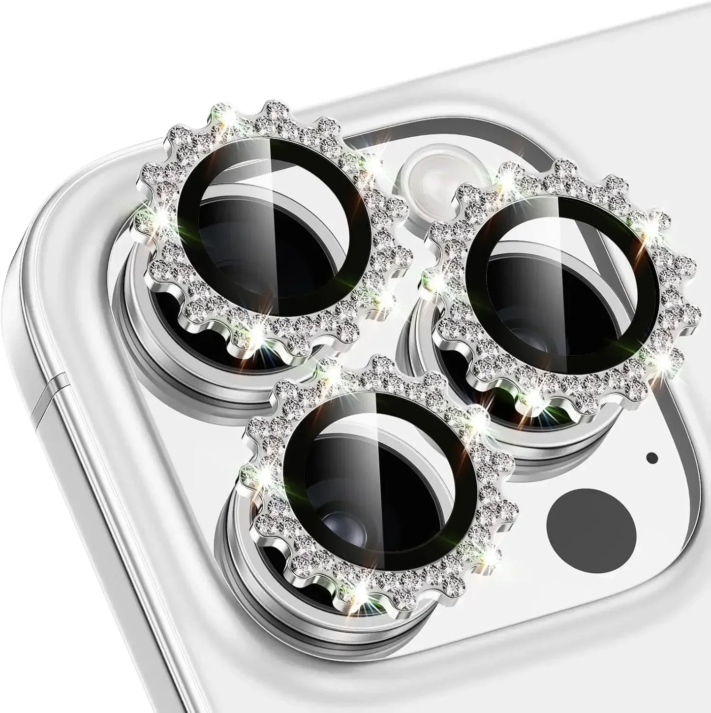 Bling 3D Metal Gear Design Diamond Camera Lens Glass Protector For IPhone 16 Pro Max 15Pro 16Plus Mechanical Case Friendly Rings