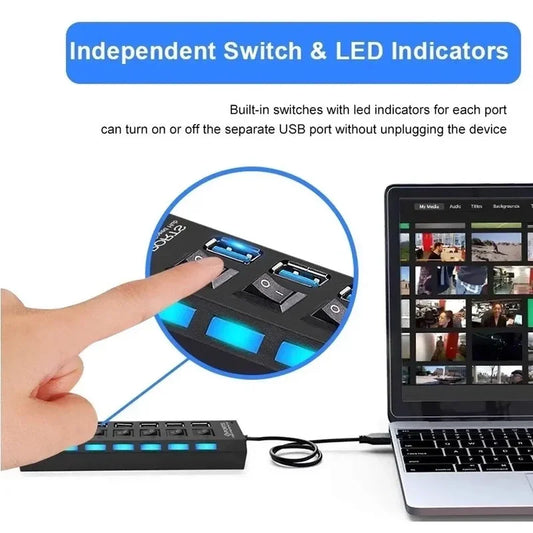 High Speed 4/7 Ports USB HUB 2.0 Adapter Expander Multi USB Splitter Multiple Extender with LED Lamp Switch for PC Laptop