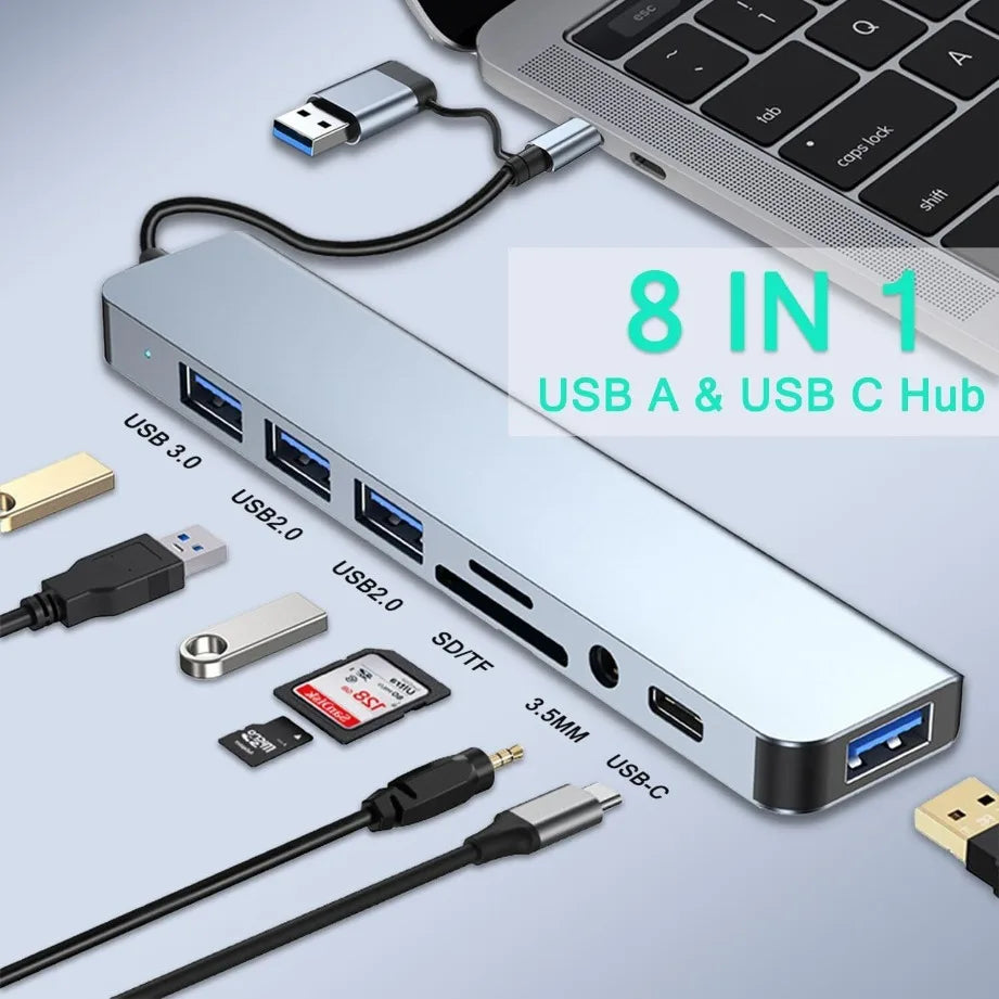 8-in-2 USB-C Hub — USB 3.0, SD/TF Card Reader & Audio Jack for MacBook & Laptop